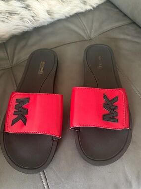 Michael Kors Red and Black MK Logo Slide Sandals